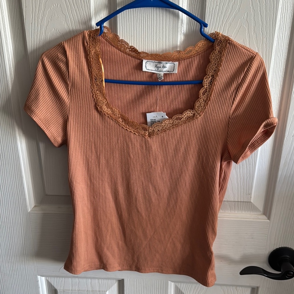 Orange Lace Trim Ribbed Top